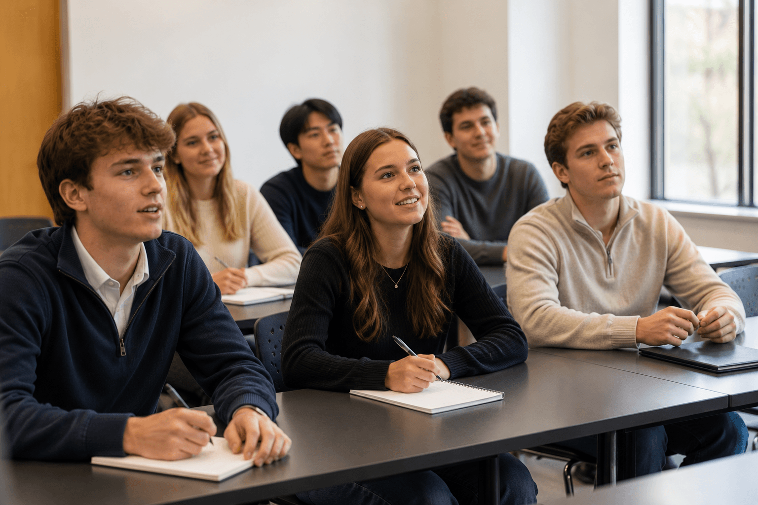 Students taking notes during a public speaking session